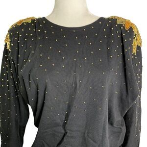 Vintage 80s Sequin Beaded Dolman Sleeve Top S Black Knit Shoulder Pads